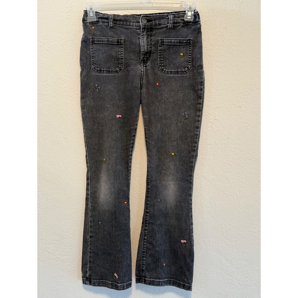 Cat & Jack Girls 14 Flare Jeans Washed Black Embroidered Floral Elastic Waist